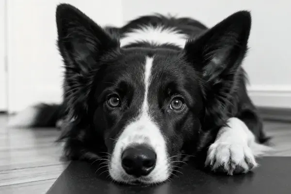 边境牧羊犬趴卧室内木质地面