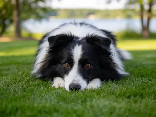黑白边境牧羊犬趴卧草地