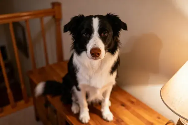 黑白边境牧羊犬在木质家具上的特写