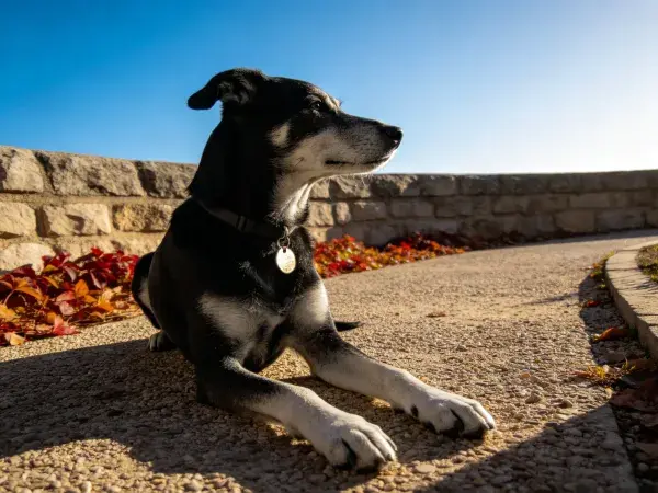 黑白相间混种犬于石板小径休憩场景