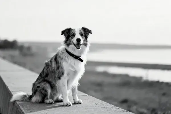湖边混凝土护栏上的边境牧羊犬特写镜头