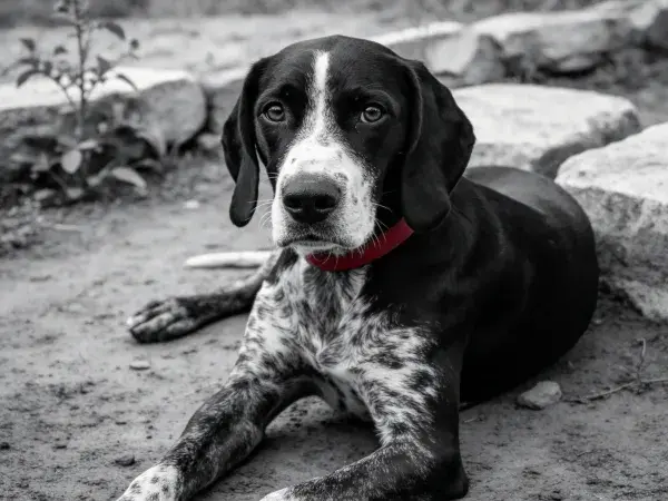 黑白光影下的指示猎犬静卧场景