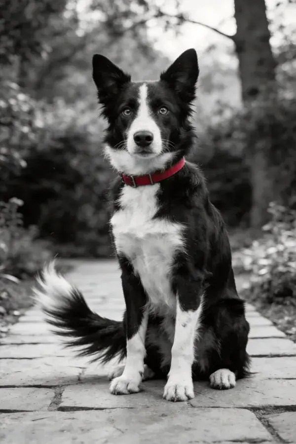 边境牧羊犬坐于石板小径