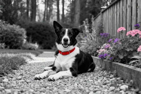 边境牧羊犬与花园碎石小径场景
