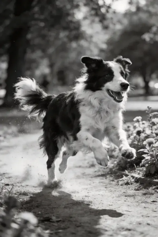 边境牧羊犬在林间小径奔跑场景