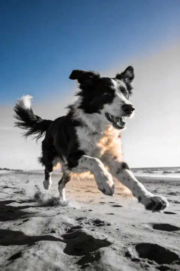 沙滩上奔跑的黑白边境牧羊犬