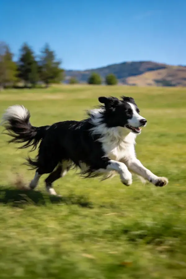 草地奔跑的黑白色边境牧羊犬瞬间