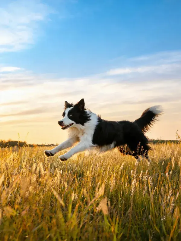 草地跳跃的黑白边境牧羊犬