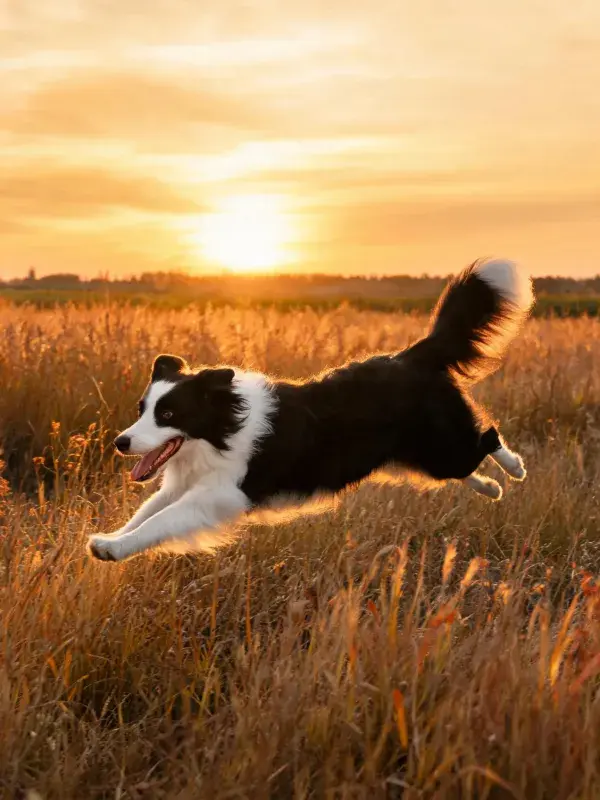 边境牧羊犬跃起于夕阳草地场景