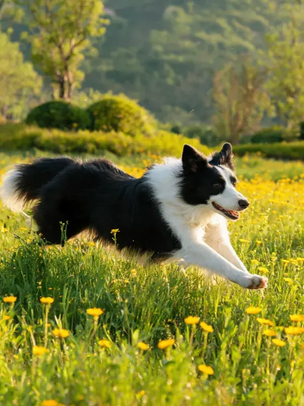 阳光草地上的黑白边境牧羊犬