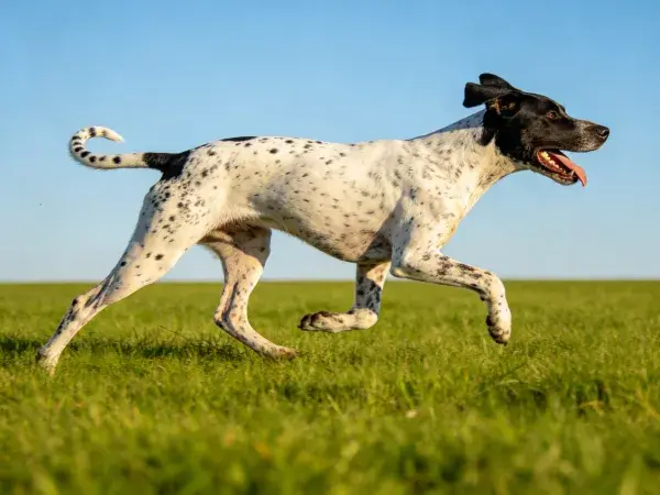 绿色草地上奔跑的指标犬