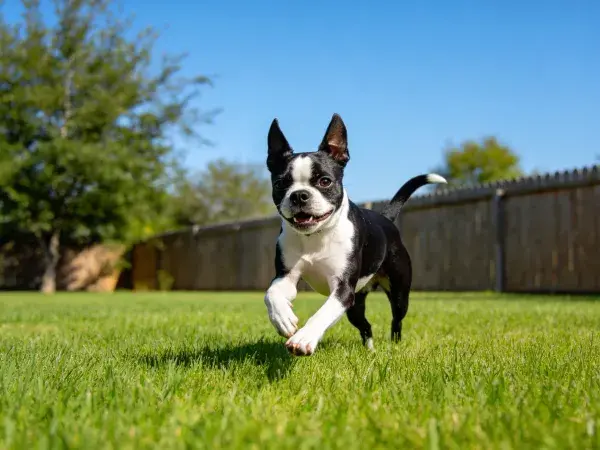 草地上的波士顿梗犬奔跑场景