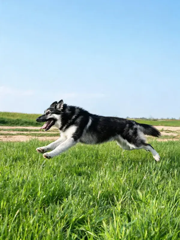 开阔草地中黑白相间的德国牧羊犬奔跑