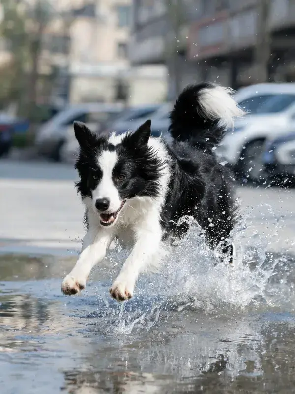 黑白边境牧羊犬在水洼处奔跑