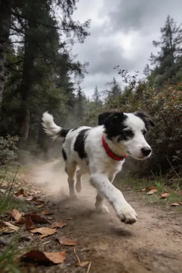 黑白混血犬森林小径奔跑瞬间