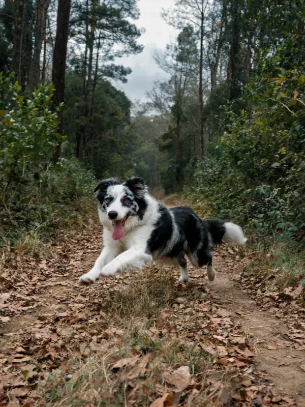 森林小径上黑白边境牧羊犬奔跑特写