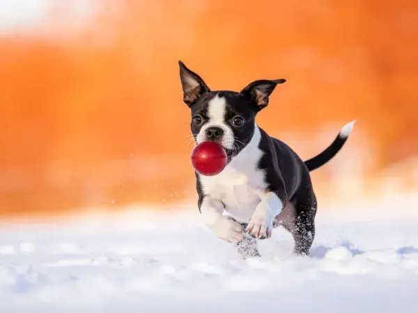雪地中波士顿梗犬叼红球奔跑场景