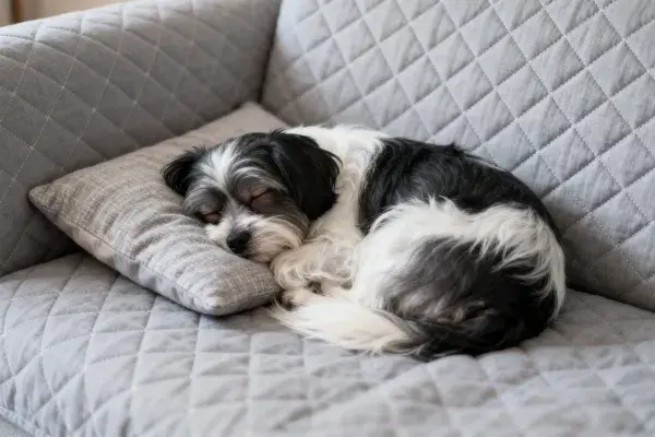 长毛混种犬在灰色沙发上的休息场景