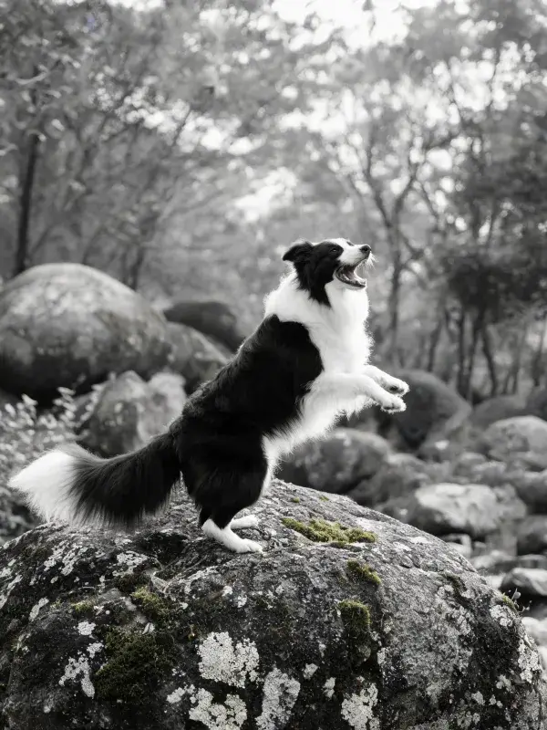 岩石上跳跃的黑白边境牧羊犬