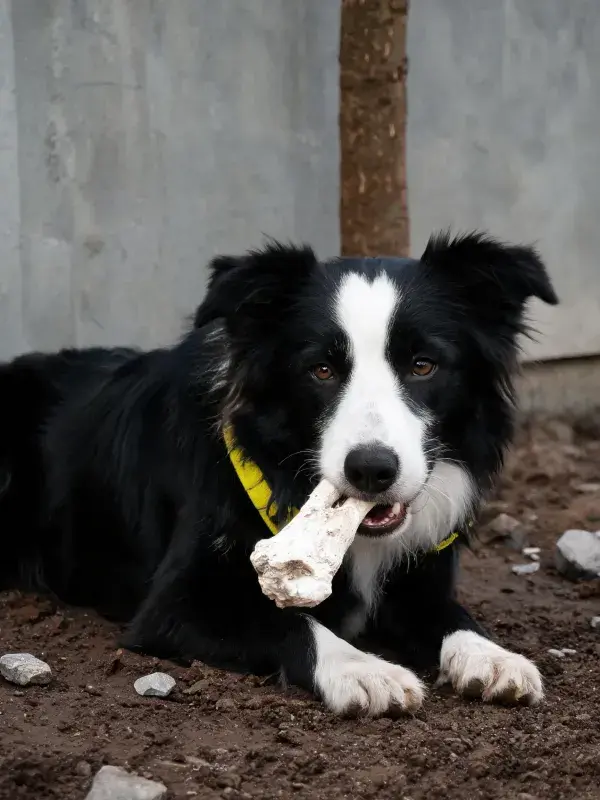 户外泥土地面上的黑白边境牧羊犬