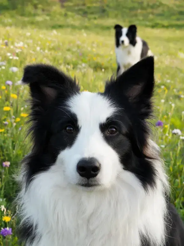 草地中黑白毛色的边境牧羊犬