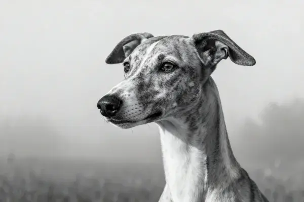 惠比特犬雾中侧影特写