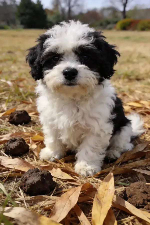 阳光草地上的黑白卷毛哈瓦那犬幼犬特写