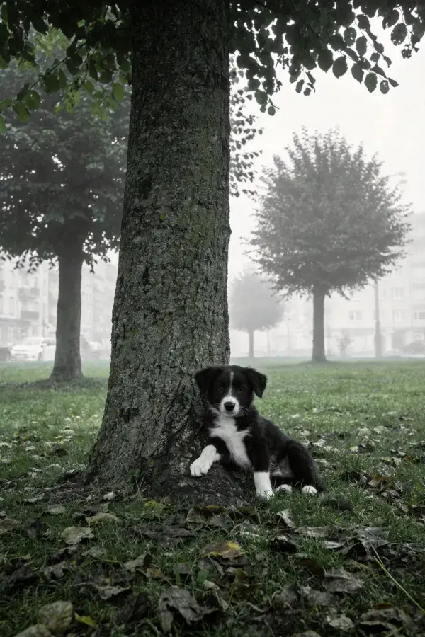 阴天树下边境牧羊犬幼犬休憩场景