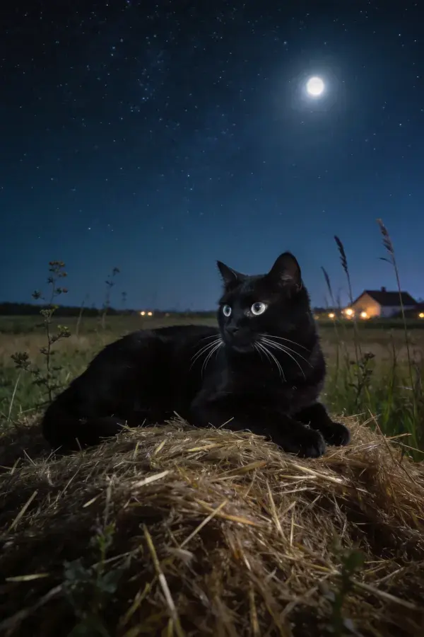 夜空下稻草堆上的短毛黑猫