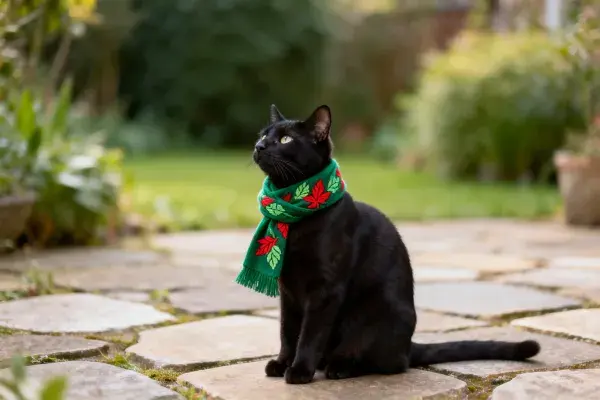 庭院中佩戴围巾的短毛黑猫