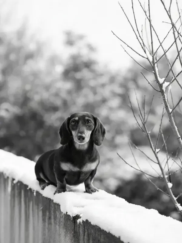 雪景中趴在围栏的腊肠犬