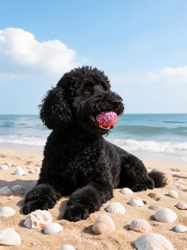 沙滩上的拉布拉多贵宾犬叼着彩色玩具球