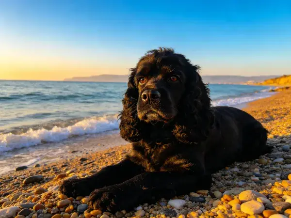 阳光沙滩上可卡犬的特写画面