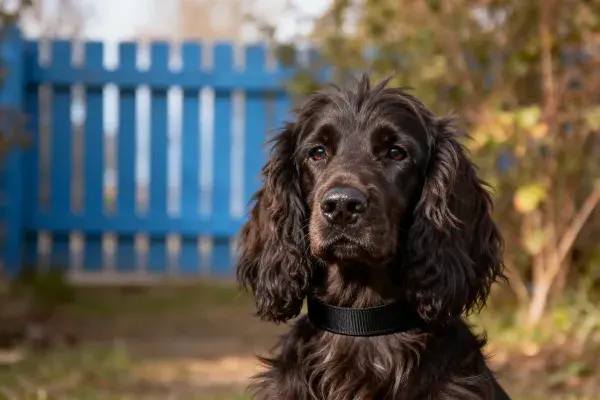 英格蘭可卡犬近景於藍色圍欄旁