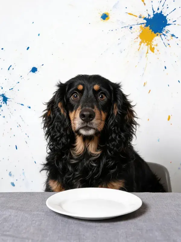 餐桌旁的可卡犬与空盘子