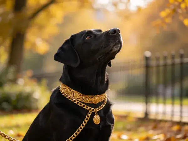 秋日公园里的拉布拉多犬佩戴金色饰带