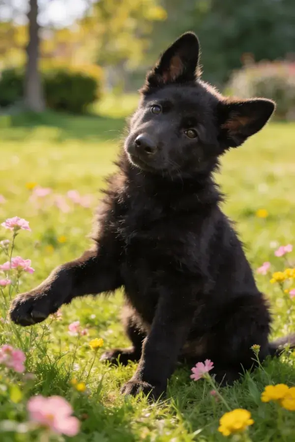 阳光草地中黑色幼德牧犬的特写