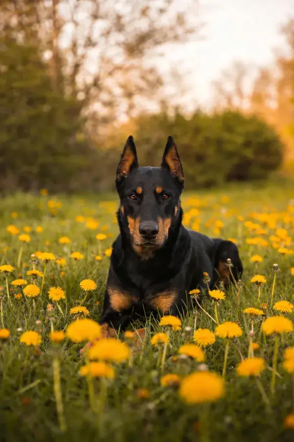 杜宾犬躺卧蒲公英草地特写