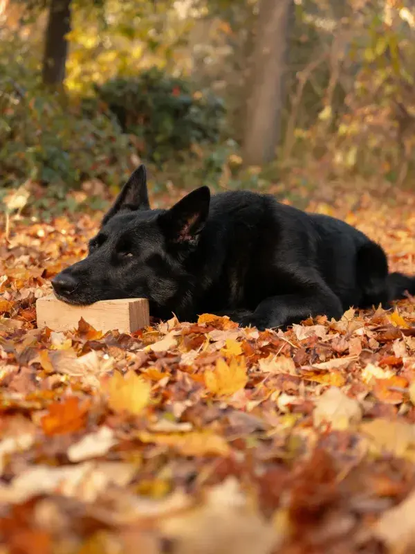 秋日落叶中德国牧羊犬休息场景