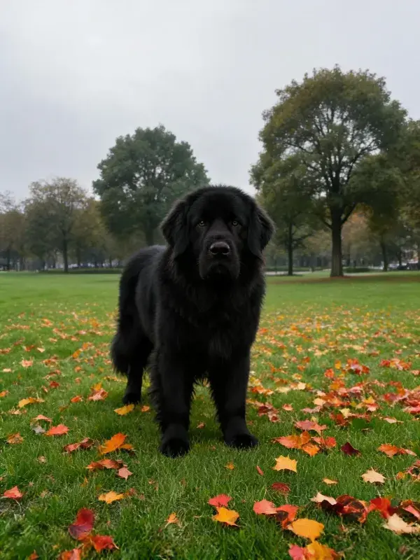 秋日草坪上的纽芬兰犬