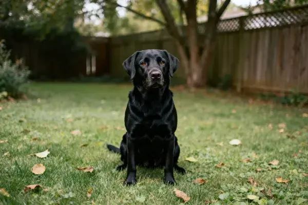 户外草坪上的黑色拉布拉多猎犬