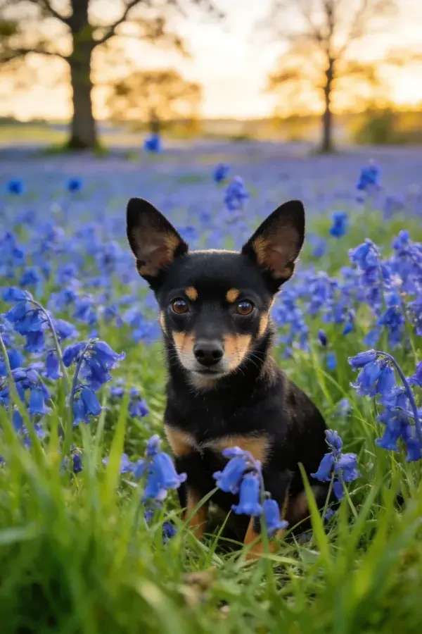 小型迷你杜宾犬于蓝铃花丛中