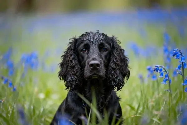 英国可卡犬于蓝花草地特写