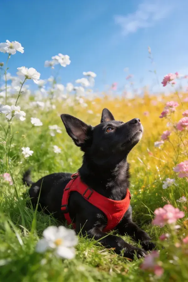 草地花丛中红色胸带的小型黑犬毛犬