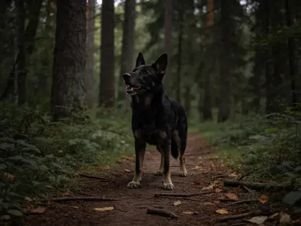 暗光森林小径上的德国牧羊犬姿态