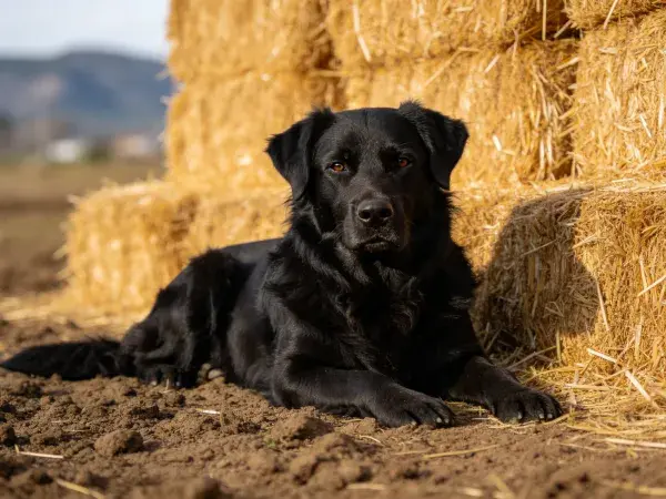 拉布拉多猎犬靠草垛休息场景