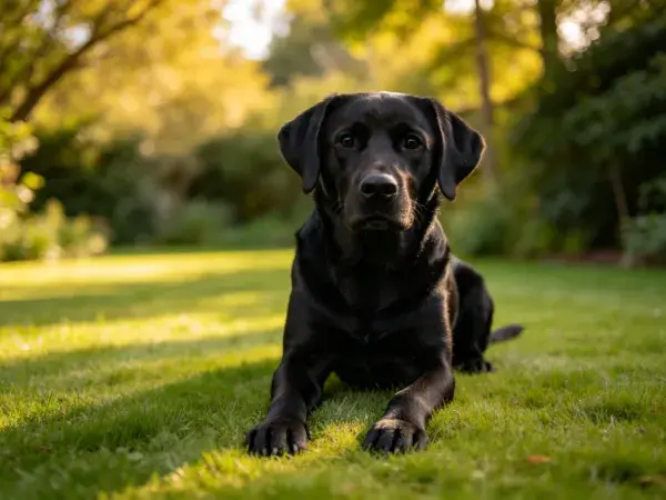 黑拉布拉多犬安静趴卧草地