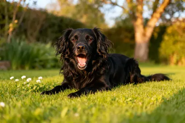 户外草地上的黑色长毛寻回犬