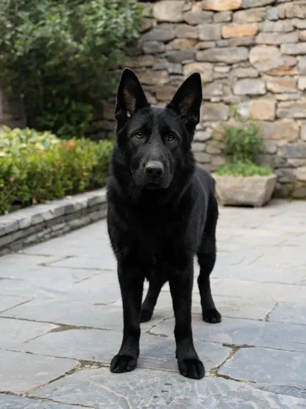庭院中黑色德国牧羊犬站立