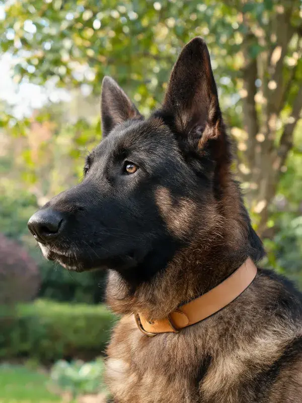 户外园林中黑棕色德牧犬的特写